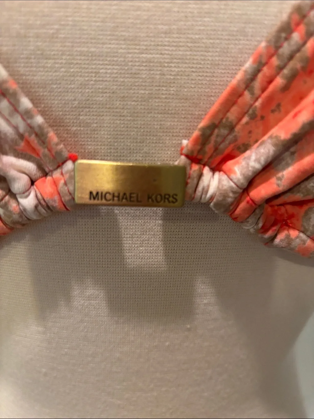 Michael Kors Coral & White Floral Design  Halter Swim Top with Gold Logo Sz S